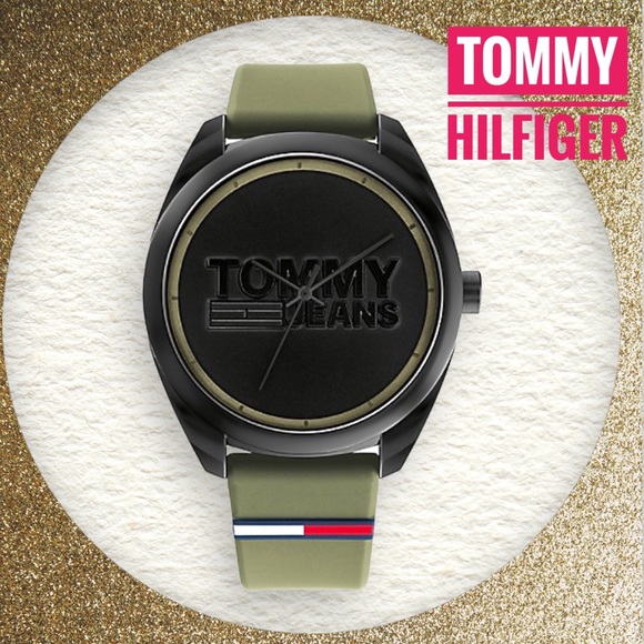 Nwt TOMMY HILFIGER Tommy Jeans Men's San Diego Black Dial Green Silicone Strap